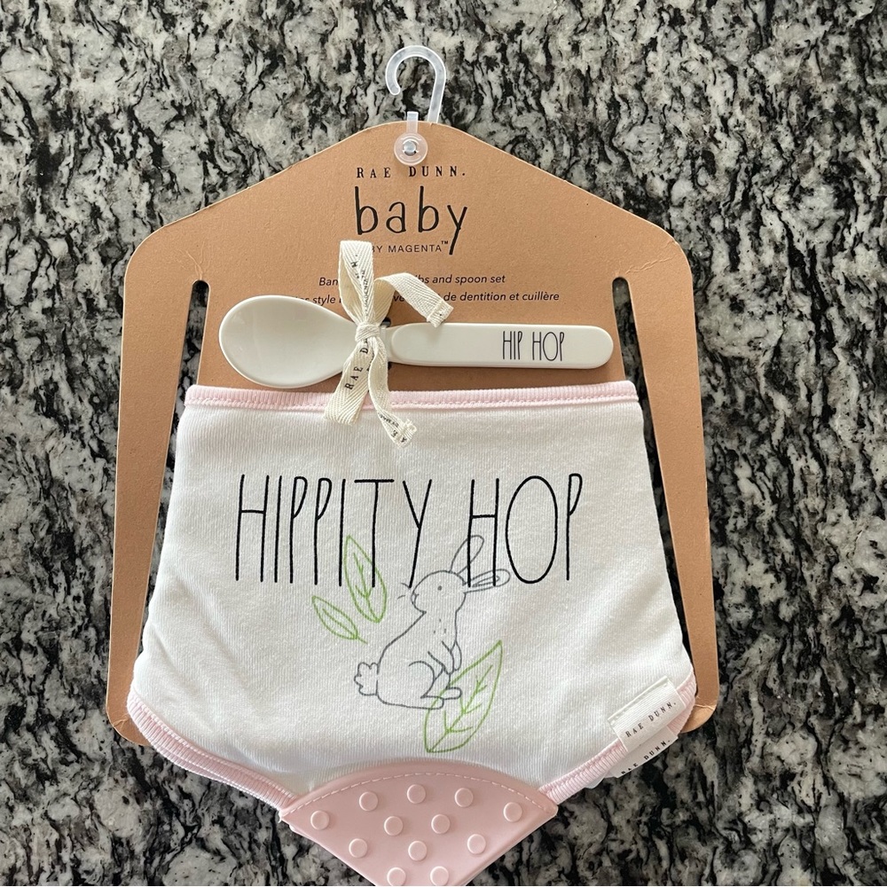 New! Rae Dunn by Magenta Hippity Hop Bandana Teether Bib & Spoon Set